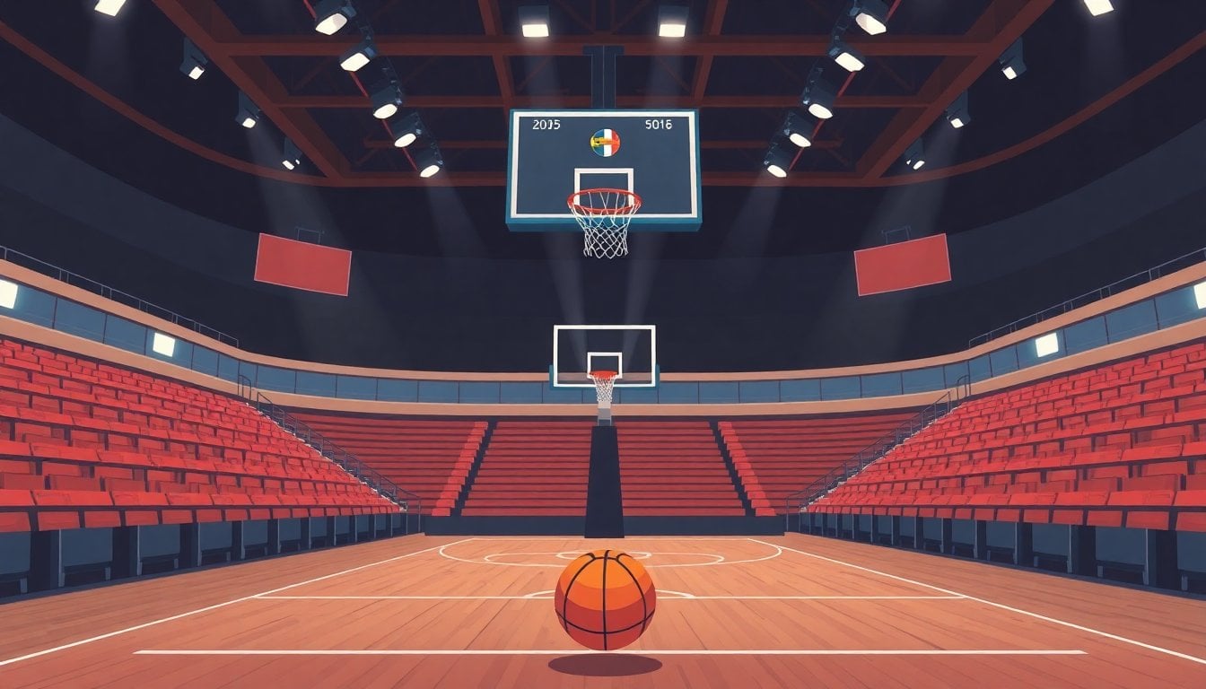 basketball court in Argentine league arena, scoreboard showing close score, empty wooden stands, official match ball on the floor, indoor sports lighting