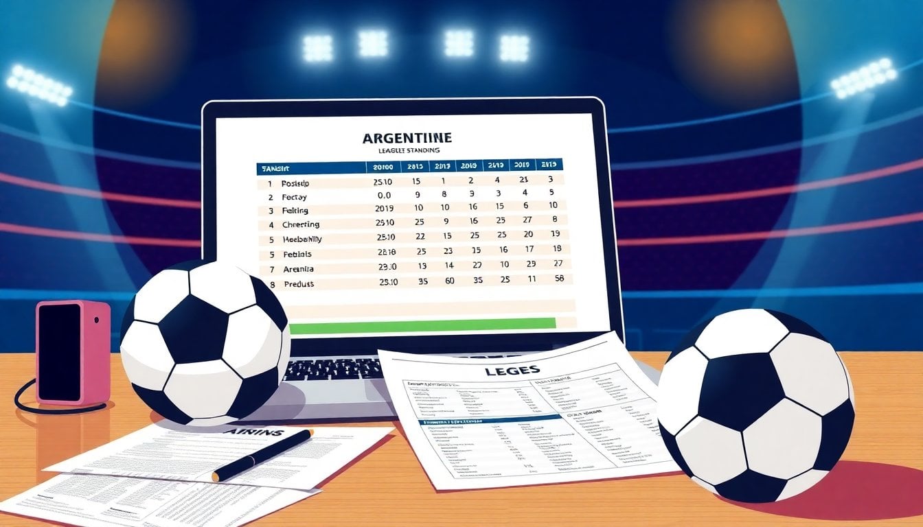 Argentine football league standings on a laptop screen beside a soccer ball and printed match schedule, close-up on desk, stadium lights in background