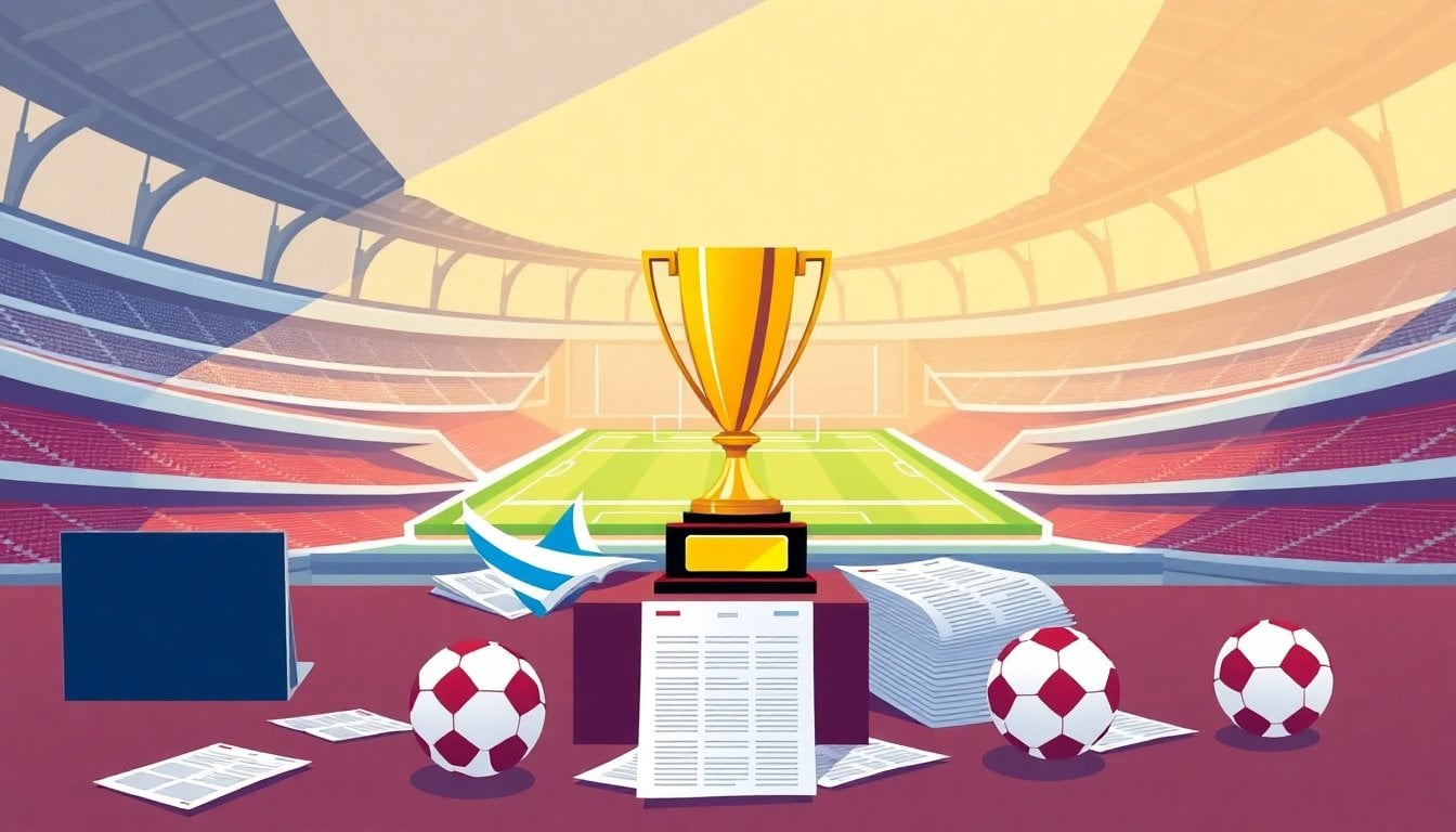 Argentine professional football league trophy and fixture board on a stadium desk, scattered match balls and calendar pages, no people visible