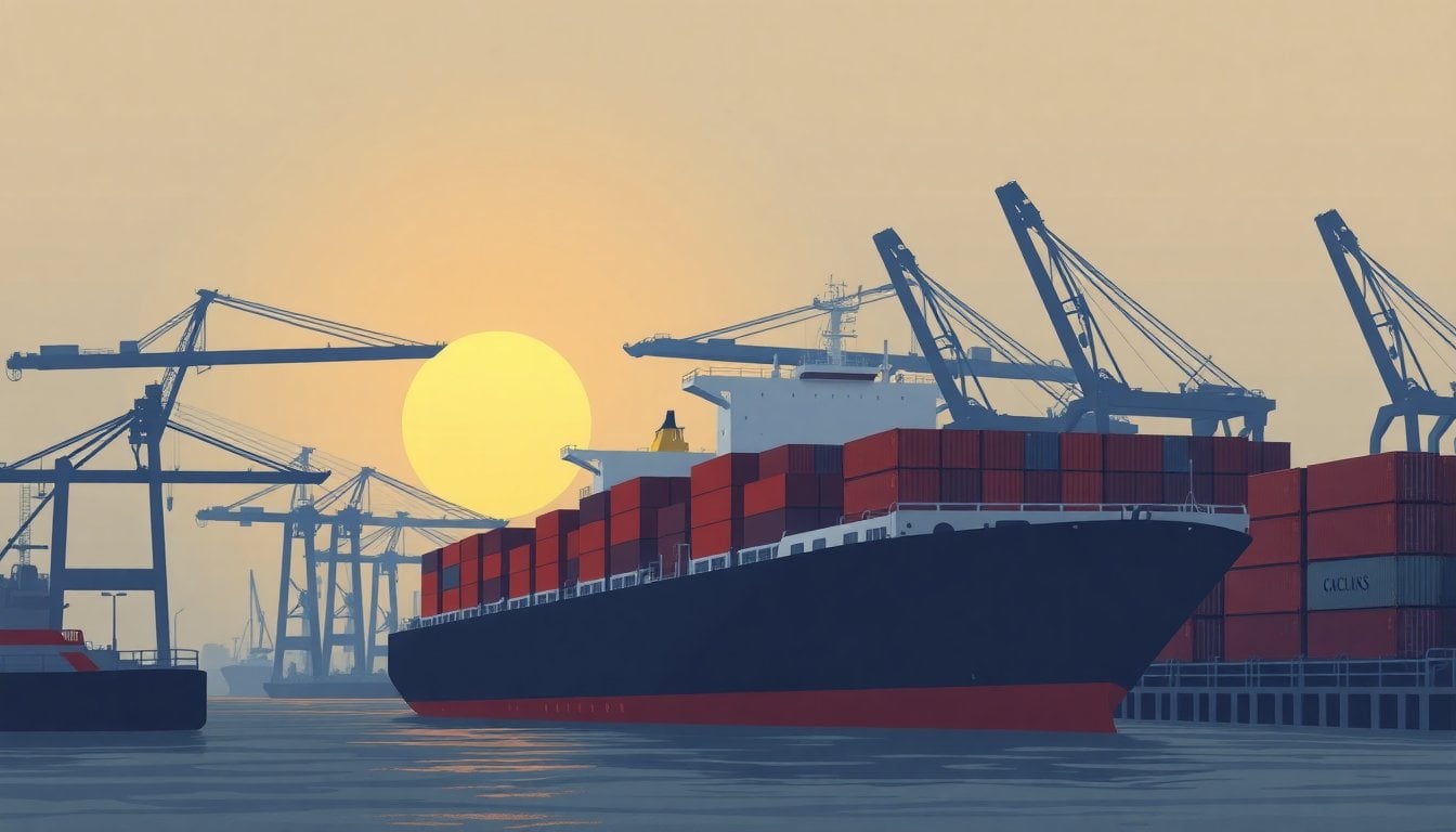 cargo ship docked at an Argentine port at dawn, cranes and stacked containers in the background, moody maritime atmosphere