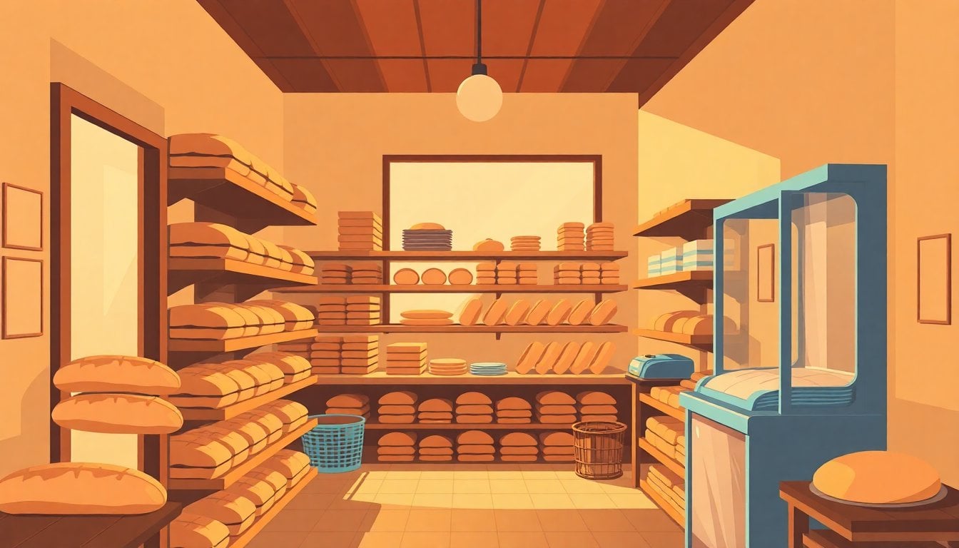 traditional Argentine bakery interior with wooden shelves stacked with bread loaves, Buenos Aires neighborhood, warm morning light, no people visible