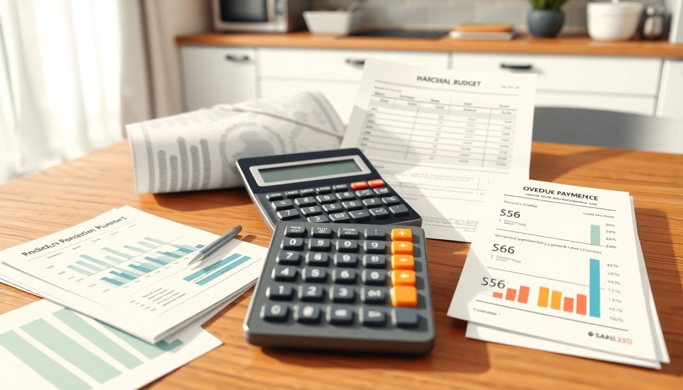 close-up of a household budget spreadsheet, credit card bills, calculator and overdue payment notices on a kitchen table, Argentine home interior, natural light