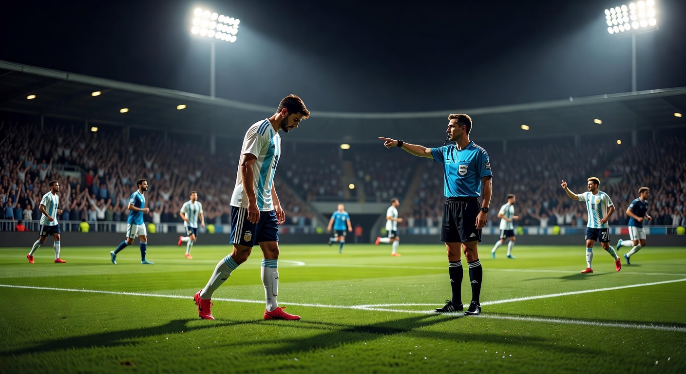 football match moment with player slowly leaving the field during substitution, referee pointing, stadium lights at night, wide shot
