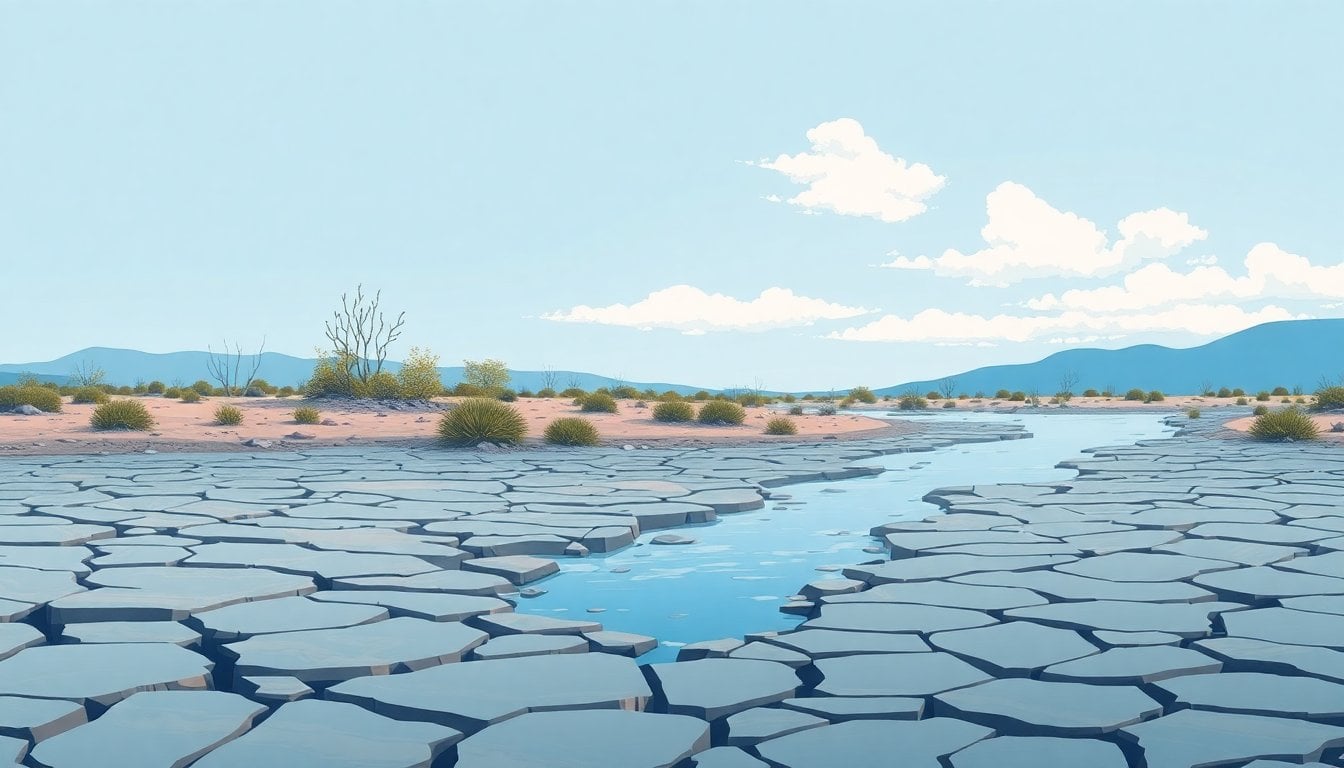 cracked riverbed with low water level, exposed stones, dry vegetation and a cloudy sky, wide landscape, documentary style