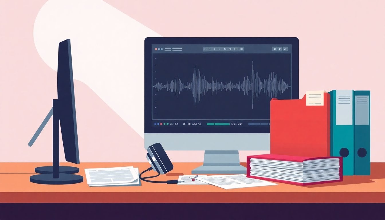 forensic audio analysis on a desk, headphones beside a computer screen with waveform visualization, folders from a government case file, no people visible