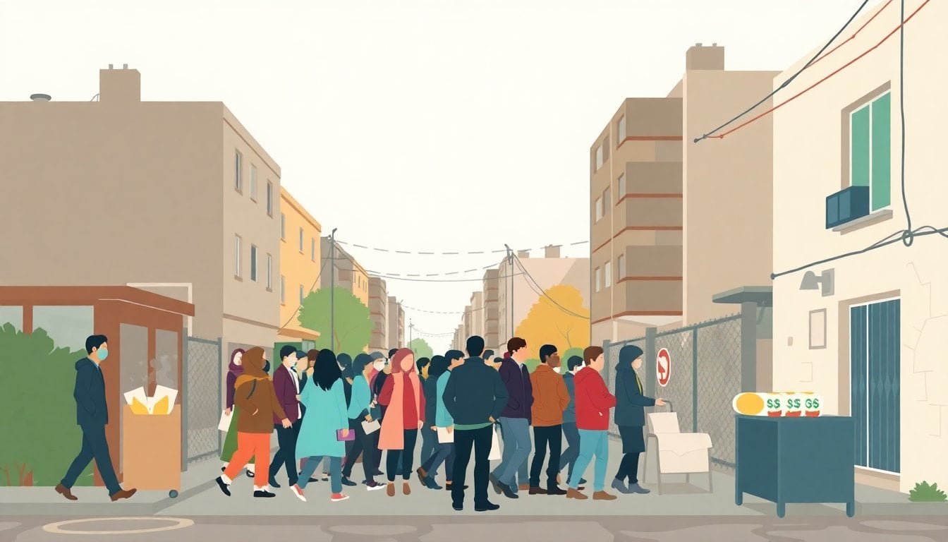 Argentine neighborhood with a community soup kitchen line, worn apartment buildings in the background, overcast daylight, documentary style