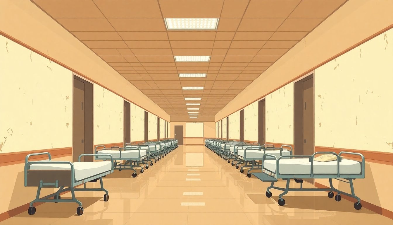 Argentine public hospital hallway with empty stretchers and worn walls, fluorescent lighting, no patients visible, documentary style