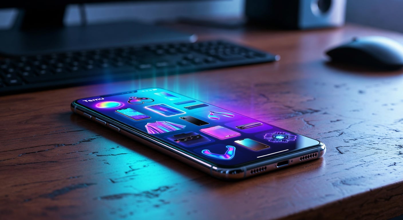 Temu shopping app open on smartphone screen, colorful product grid visible, placed on wooden desk with blurred background