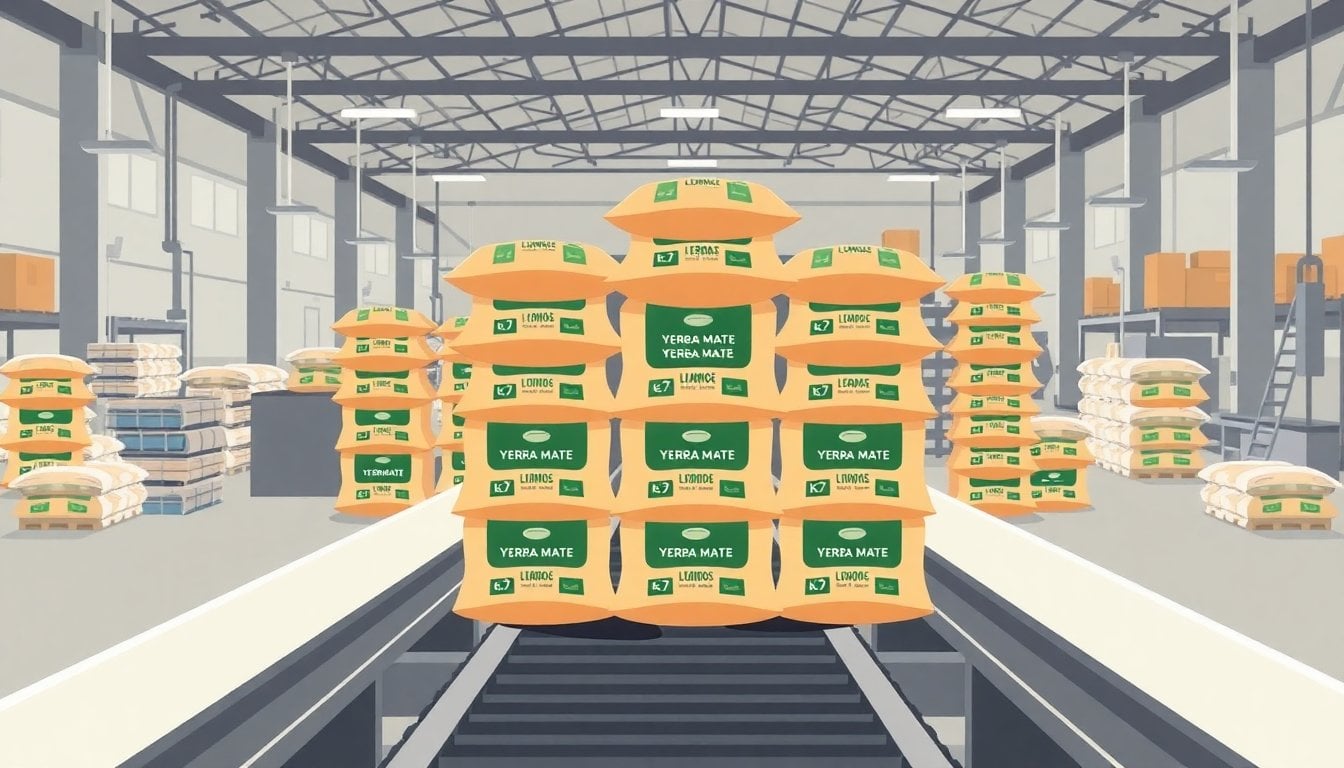 stacked yerba mate bags inside an Argentine packaging plant, conveyor belts, industrial warehouse lighting, no people visible