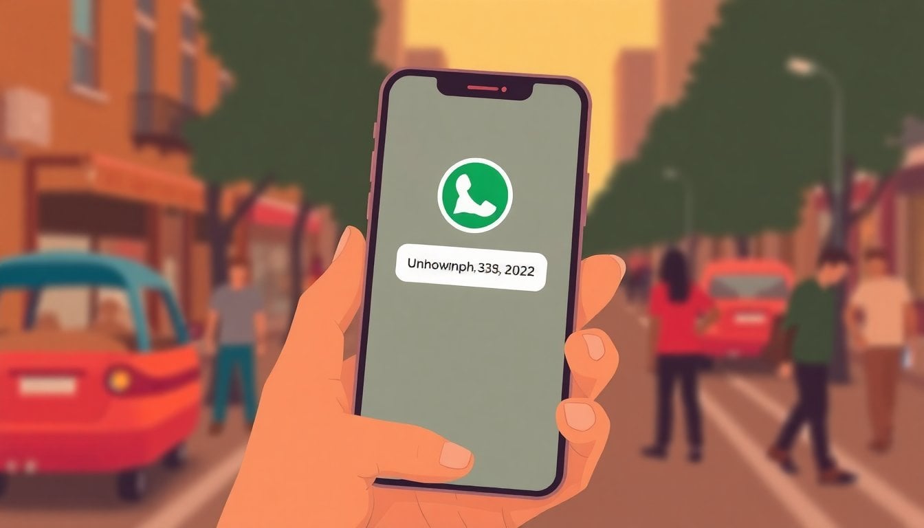 smartphone screen showing WhatsApp chat with unknown number, close-up on Argentine phone screen, blurred background, warning alert concept