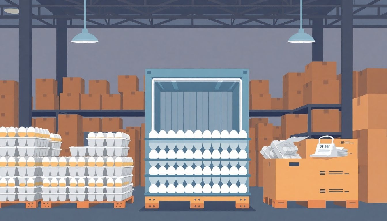 stacks of egg cartons and a refrigerated export pallet inside an Argentine food packing warehouse, cardboard boxes, industrial lighting, no people visible