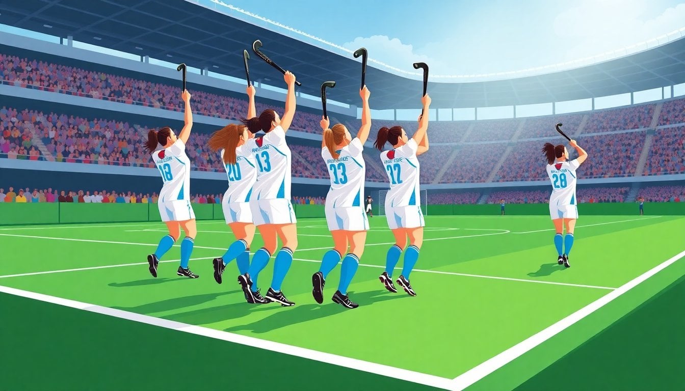 Argentina women's field hockey team celebrating on green pitch, white and light blue uniforms, sticks raised, stadium crowd background