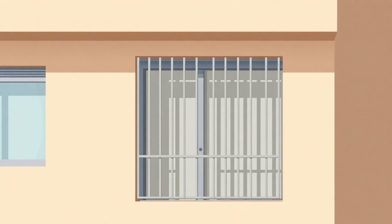 modern aluminum security grille on residential facade, neutral gray finish, contemporary Argentine home exterior, daylight, no people