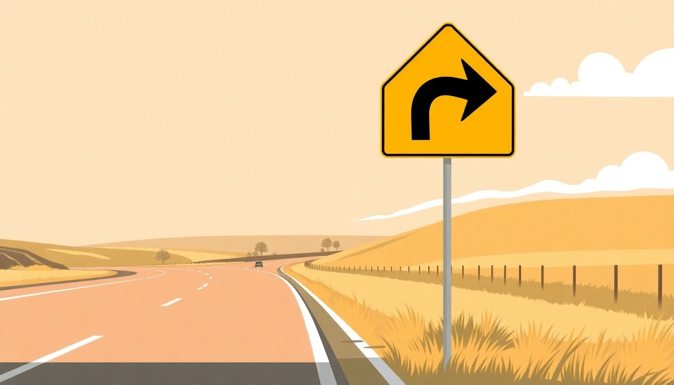 Argentine road sign yellow background with black arrow curve warning, roadside in rural highway, daylight