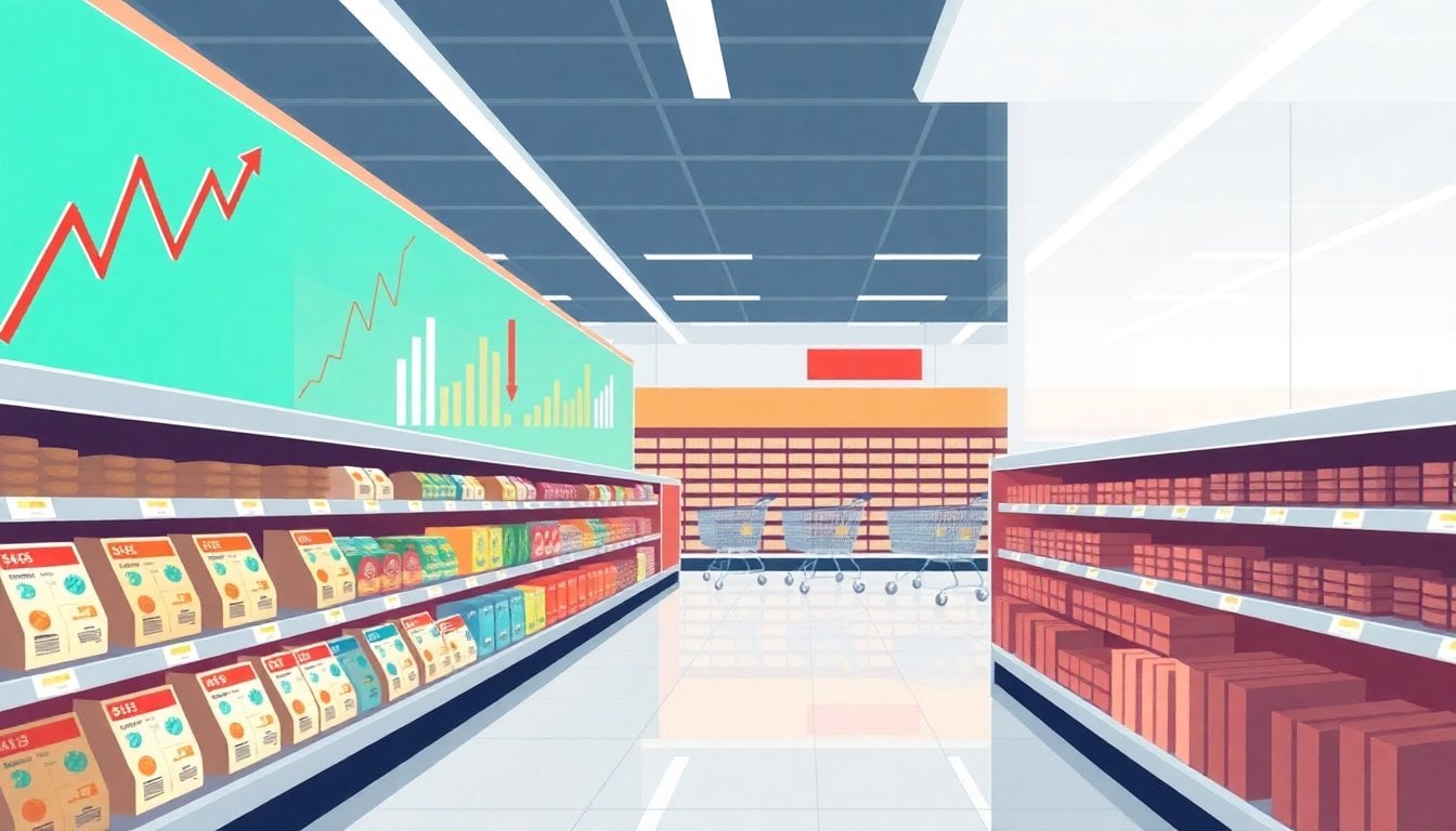 argentine supermarket aisle with visible price tags on shelves, shopping carts in the background, fluorescent lighting, realistic editorial photo