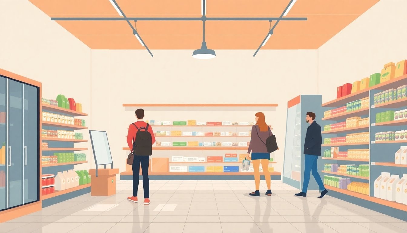 empty small Argentine neighborhood shop interior with a few customers, visible price tags on shelves, modest groceries and low stock, daytime light