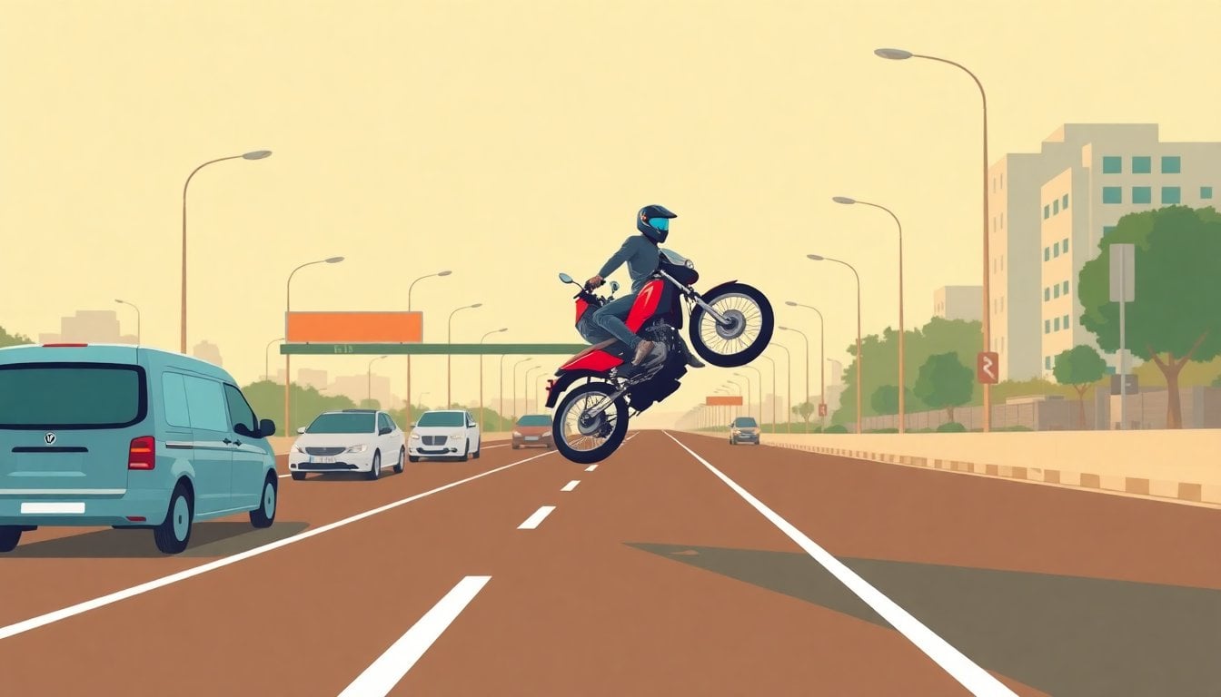 motorcycle performing wheelie on Argentine highway, traffic visible, aerial or side view, no rider face