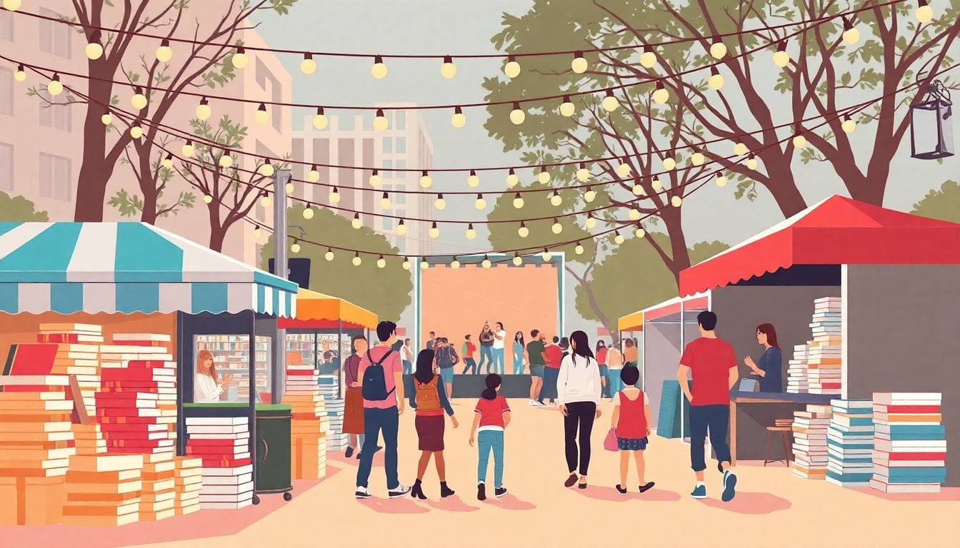 outdoor cultural fair in Palermo Buenos Aires with food stalls, stacks of books, live music stage and families walking under string lights