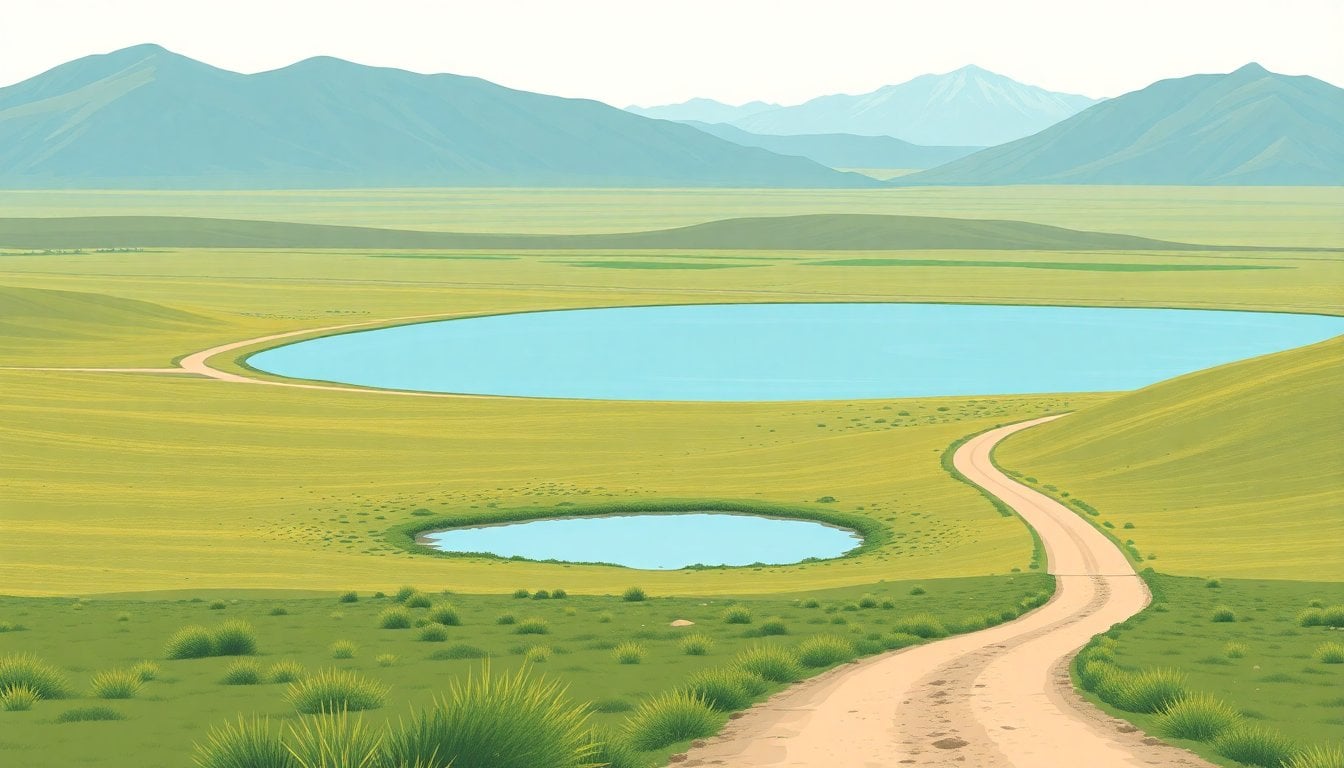 wide Patagonian field with a small lake, grassy hills, and a remote dirt road in Chubut, no people visible, clear daylight