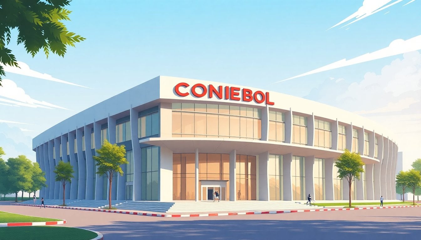 Conmebol headquarters building exterior in Luque Paraguay, modern architecture, daylight, no people