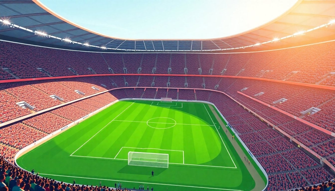 La Liga Española football stadium aerial view, packed stands, green pitch, match day atmosphere, Spain