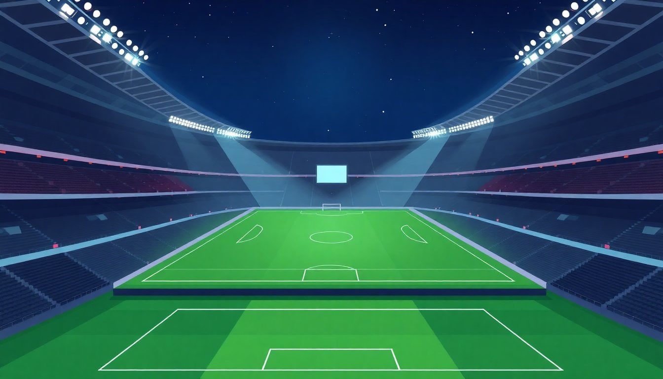 Argentine football stadium interior at night, green pitch illuminated, empty seats before kickoff, scoreboard visible