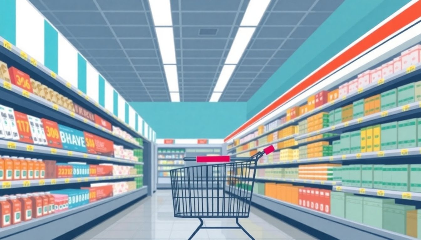 Argentine supermarket aisle with price tags on shelves, shopping cart in foreground, fluorescent lighting, no people visible