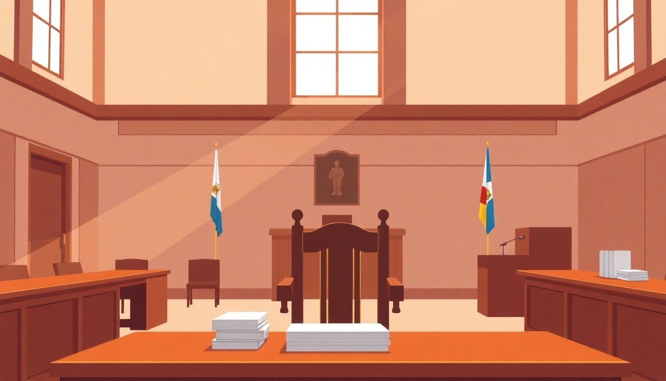 courtroom in Corrientes province with empty witness chair, legal files on wooden desk, Argentine federal court interior, dramatic daylight