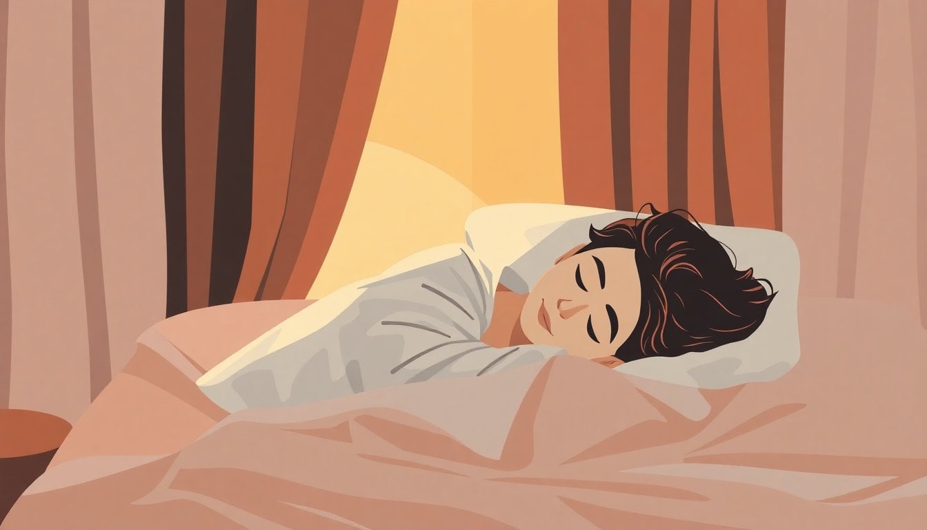 person sleeping peacefully in a dark bedroom with soft morning light through curtains, close-up on pillow and sheets, no face visible