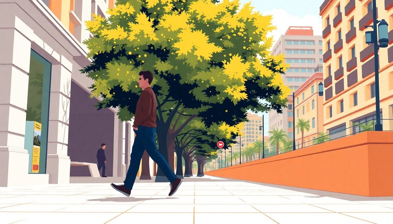 person walking briskly on a sunny urban sidewalk, motion blur on legs, trees and buildings in background, no faces visible