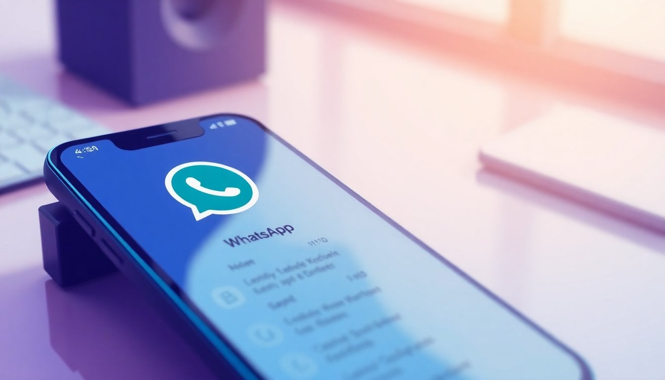 close-up of a smartphone screen showing the WhatsApp app icon and chat list on a desk, daylight, shallow depth of field