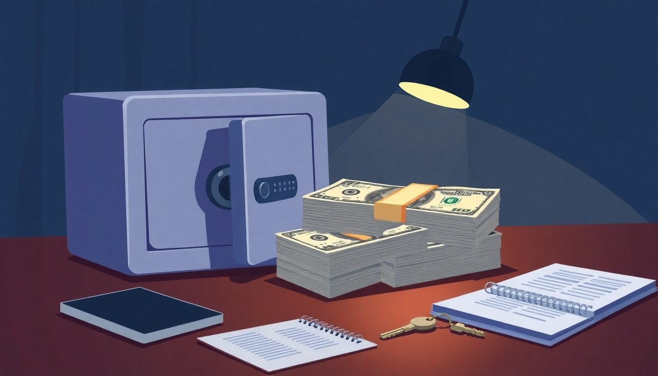 Argentine home safe and bundled US dollar bills on a table, notebook and key nearby, dim interior light, no people visible