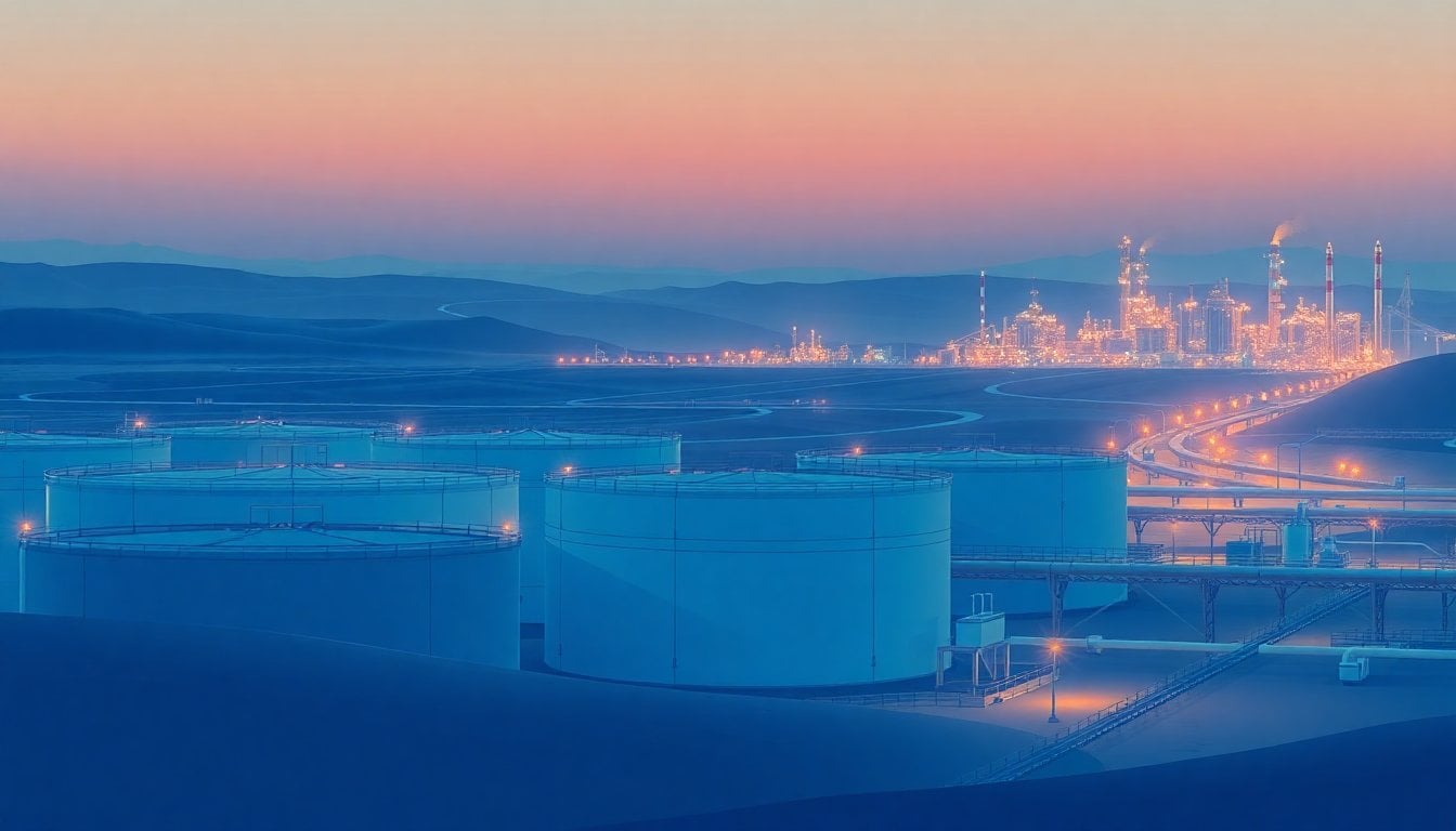 oil refinery storage tanks and pipelines in Saudi Arabia at dusk, desert industrial complex, no people visible