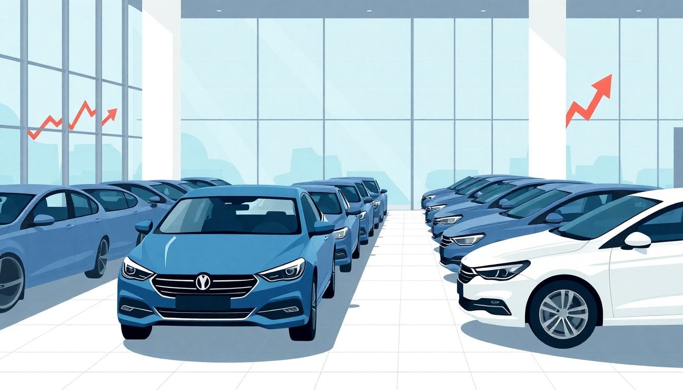 rows of new cars at a modern Argentine dealership showroom, glass facade, daylight streaming through, no people visible