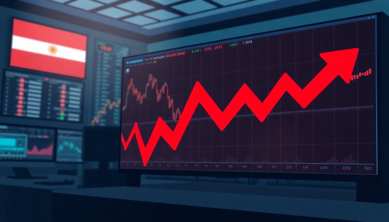 red downward movement on an Argentine government bond trading screen, financial charts in the background, dim market room, no people visible