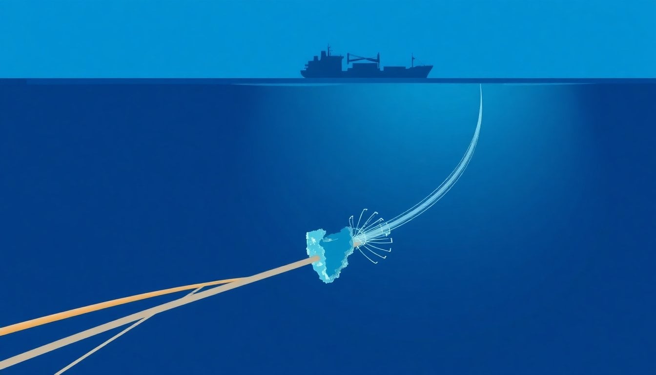 undersea fiber optic cable lying on the ocean floor with a damaged section, cargo ship silhouette above, deep blue water, realistic documentary style