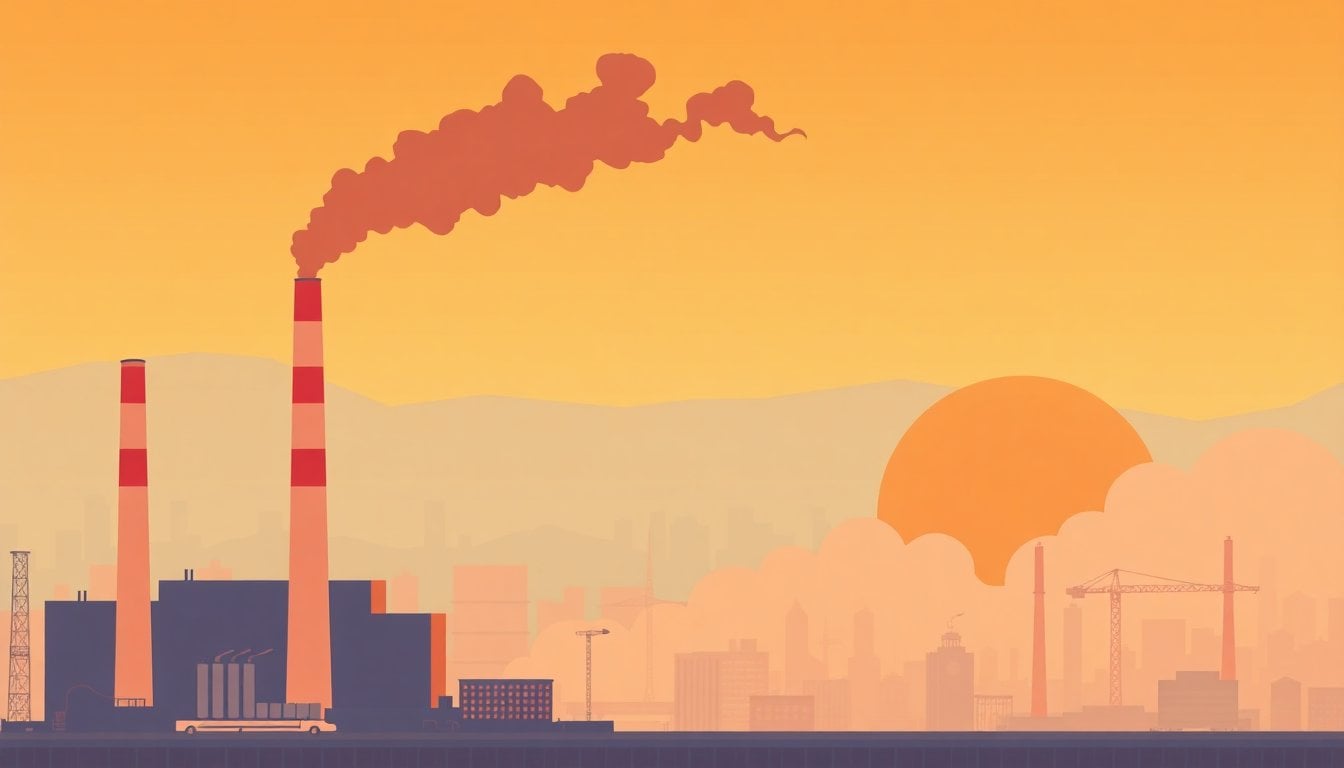 Earth temperature and greenhouse gas concept illustration with industrial smokestacks, heat haze over a city skyline, and a warming atmosphere visualized in red-orange tones