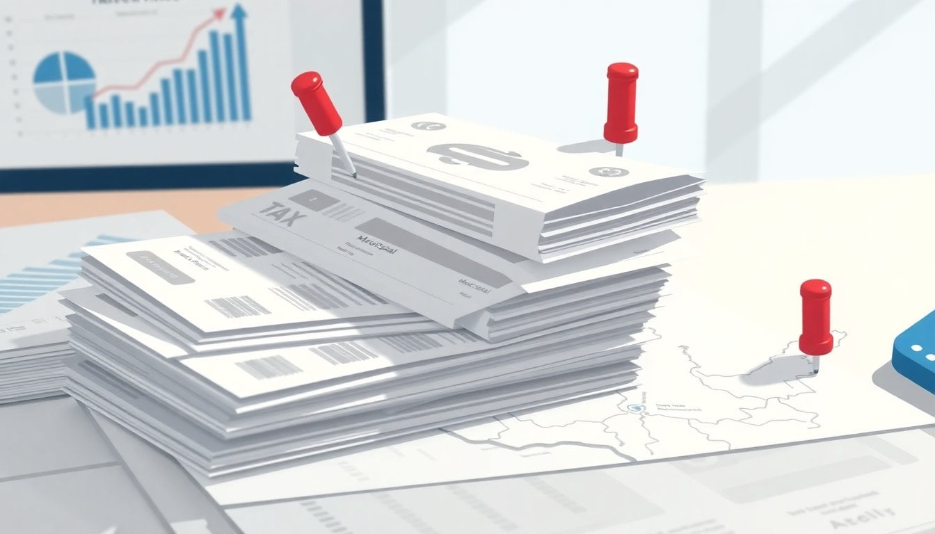 stack of municipal tax bills beside a map of Buenos Aires Province pinned with markers, desk close-up, daylight, no people visible