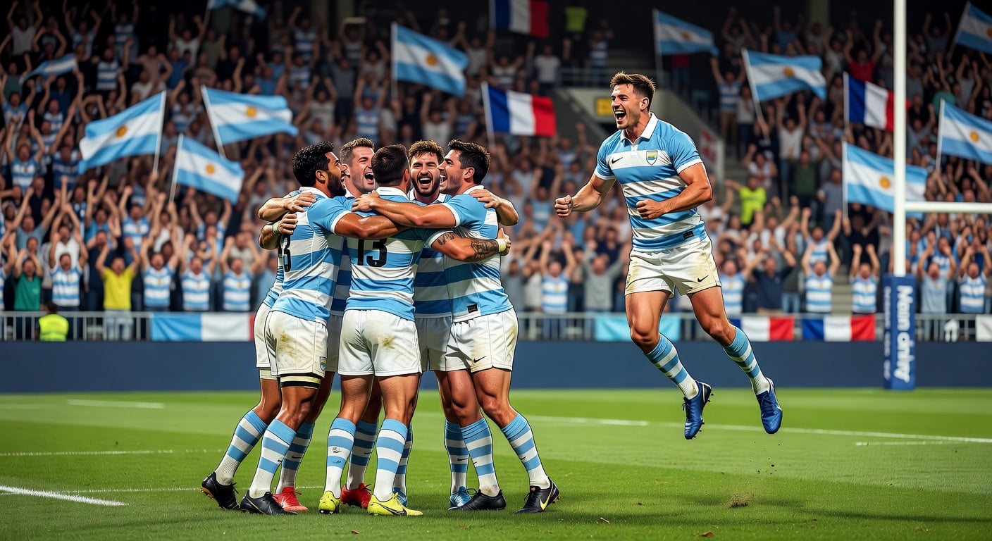 Argentine rugby sevens players celebrating on field, Valladolid stadium crowd background, blue and white jerseys