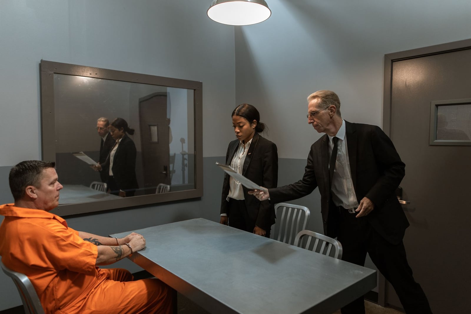Escena intensa de interrogatorio con detectives interrogando a un prisionero esposado en una sala poco iluminada.