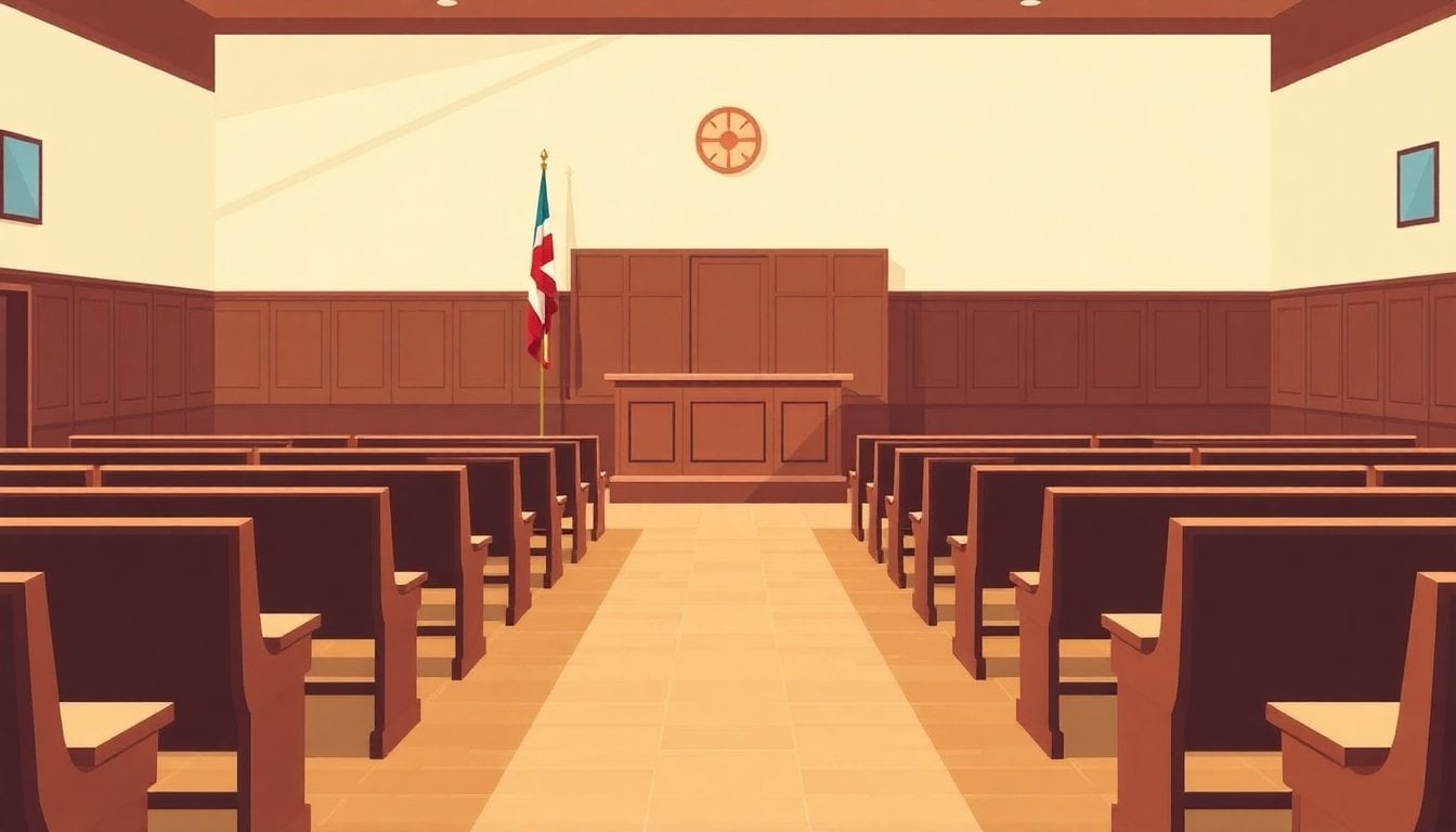Argentine courtroom interior with wooden benches and judicial bench, Buenos Aires criminal court, natural light, no people