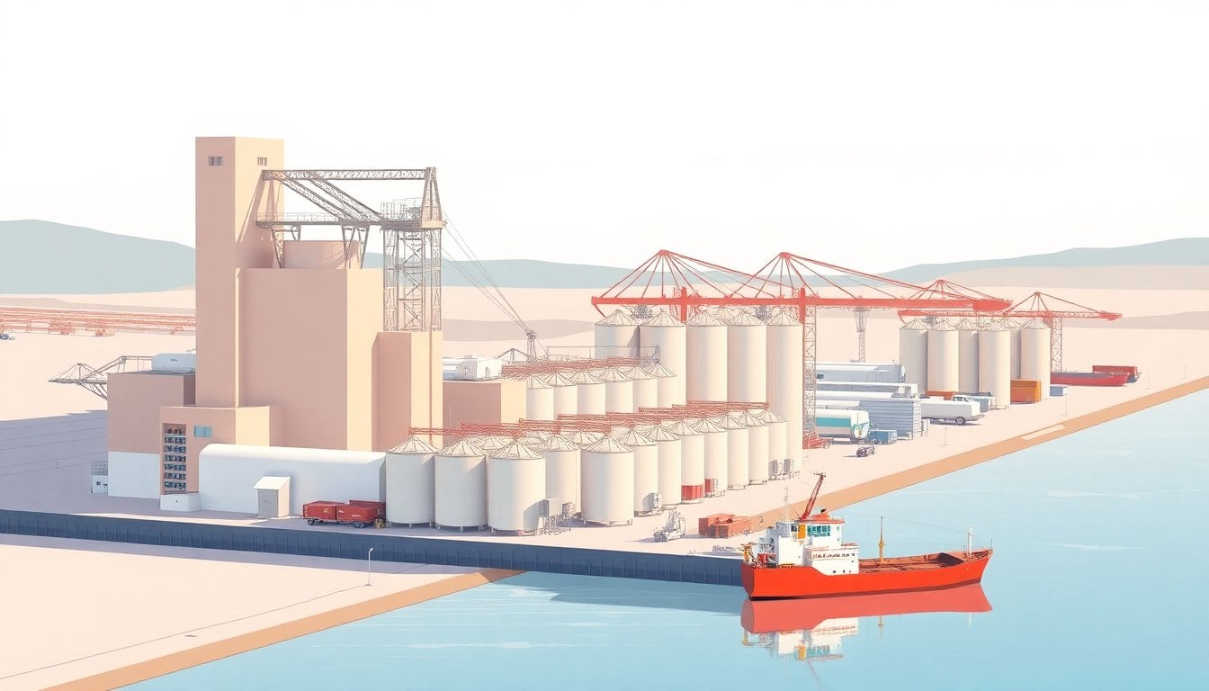 Louis Dreyfus grain elevator and port terminal in Bahia Blanca Argentina, industrial silos near water, aerial perspective, daylight
