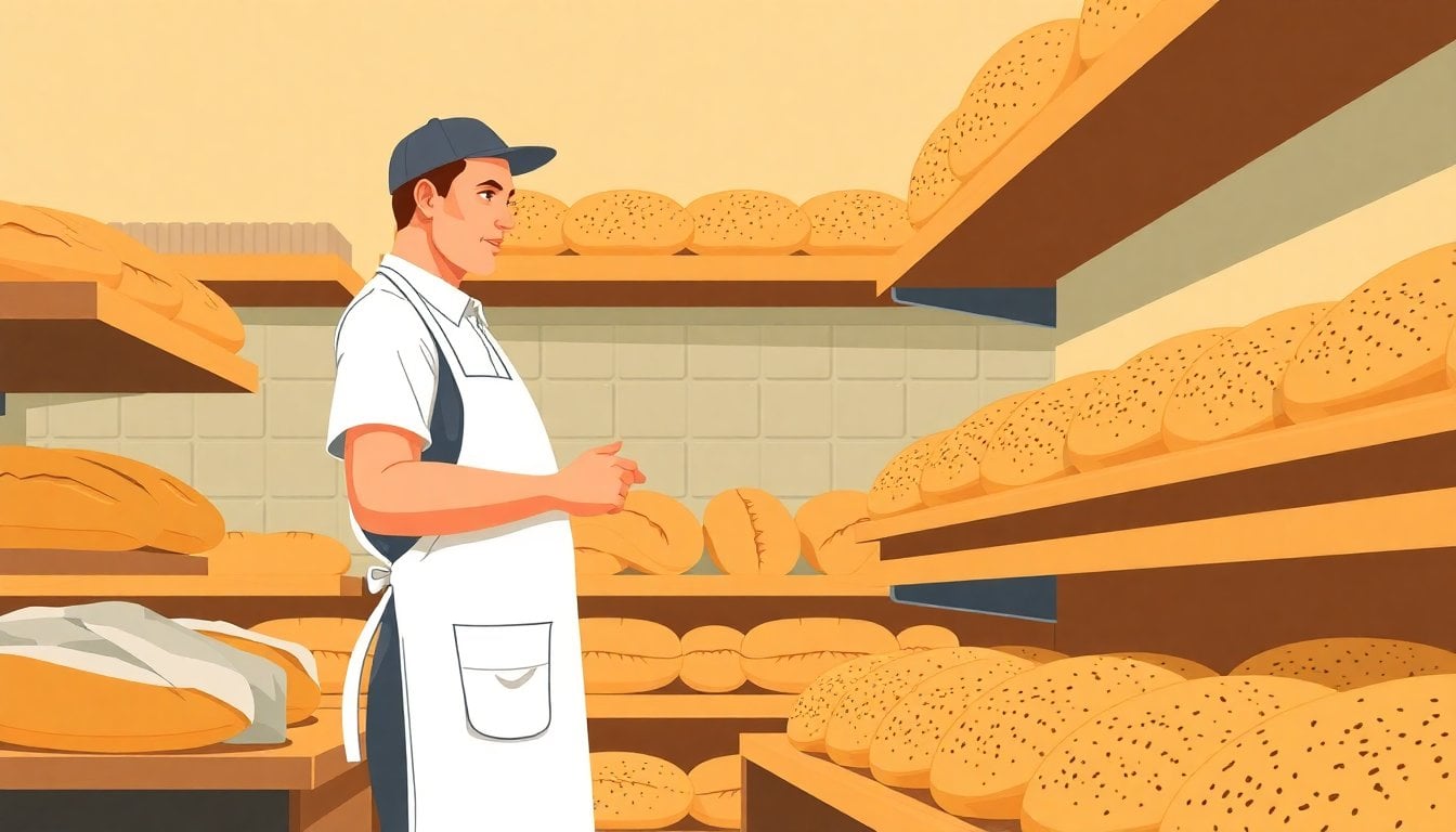Argentine bakery worker in white apron arranging fresh bread loaves on wooden shelves, warm interior light, no faces visible