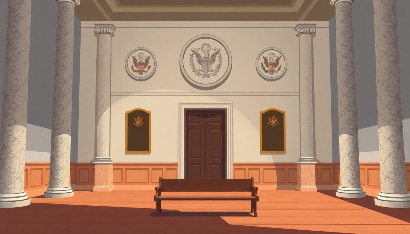Argentine courthouse interior with judicial emblems on wall, empty bench, marble columns, natural light