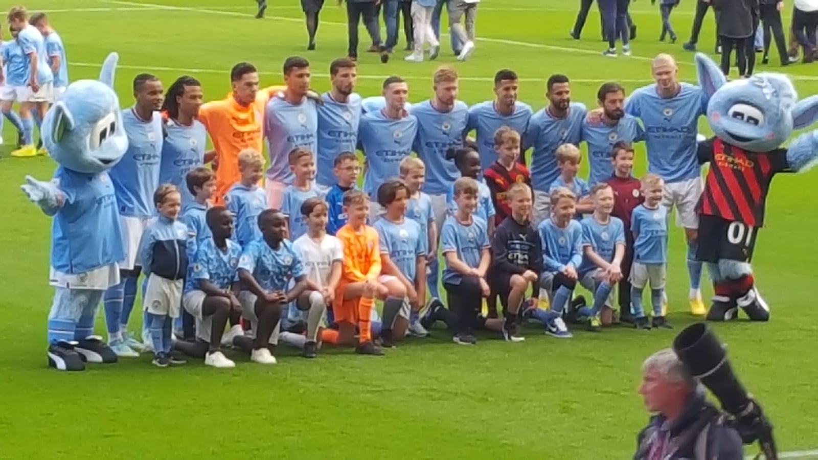 The Manchester City team posing with mascots before their Premier League fixture against Southampton, 8th October 2022