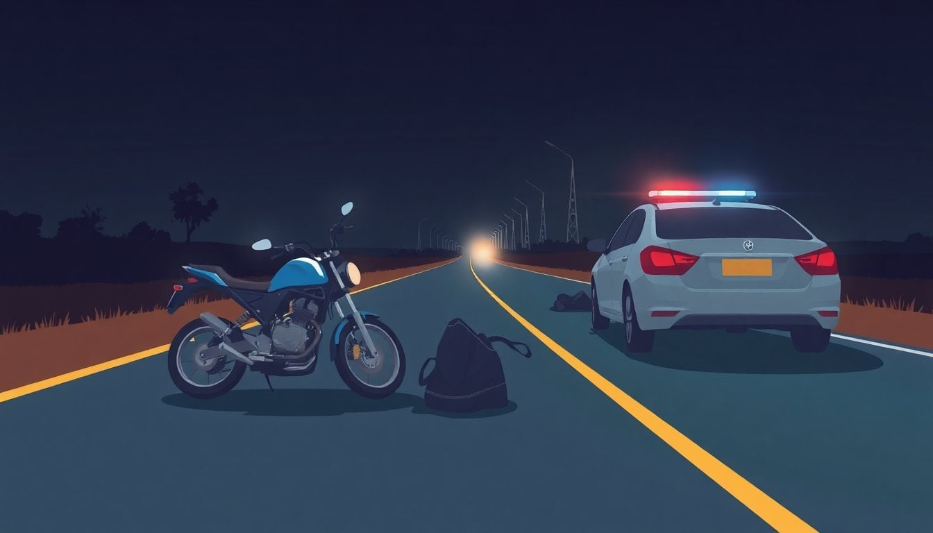 wrecked motorcycle and damaged car on a rural Argentine highway at night, police lights reflecting on asphalt, somber roadside scene, no people visible