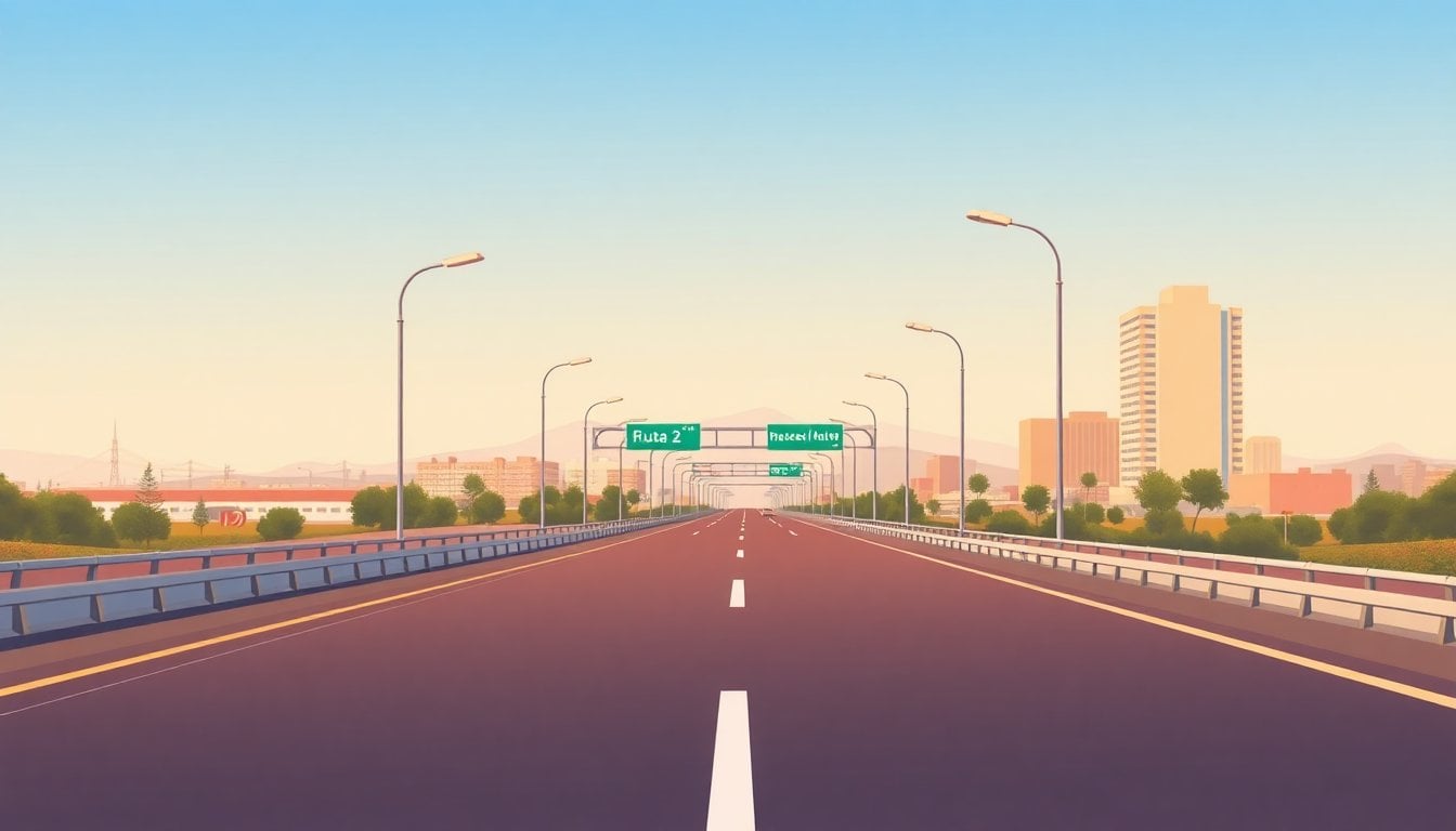 Ruta 2 Buenos Aires to Mar del Plata highway two-lane road perspective shot, no vehicles, clear sky, daytime