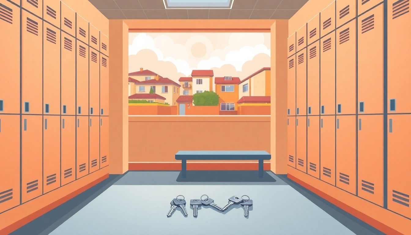 gym locker room with metal lockers and a set of house keys on a bench, Mar del Plata residential houses in the background, realistic daylight