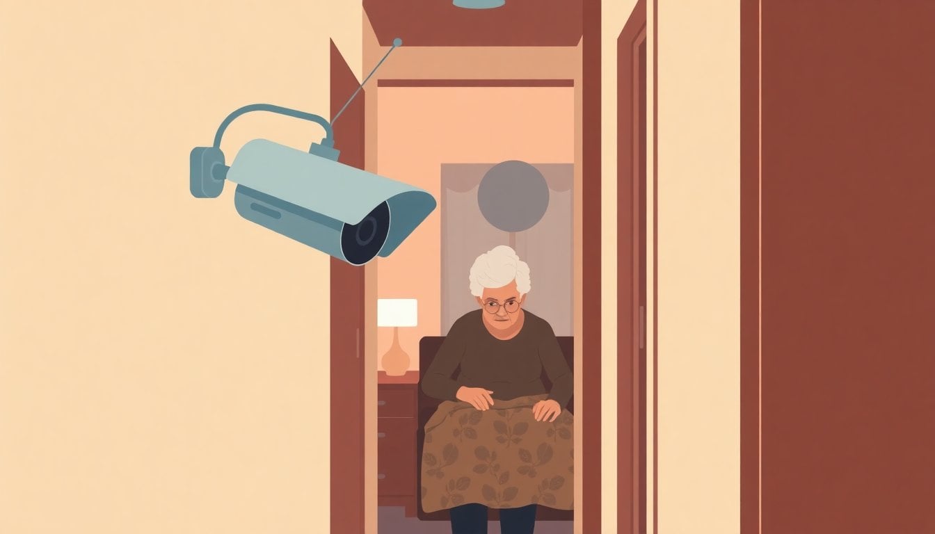 home security camera mounted inside an apartment hallway, elderly woman's bedroom door in background, tense domestic scene, documentary style