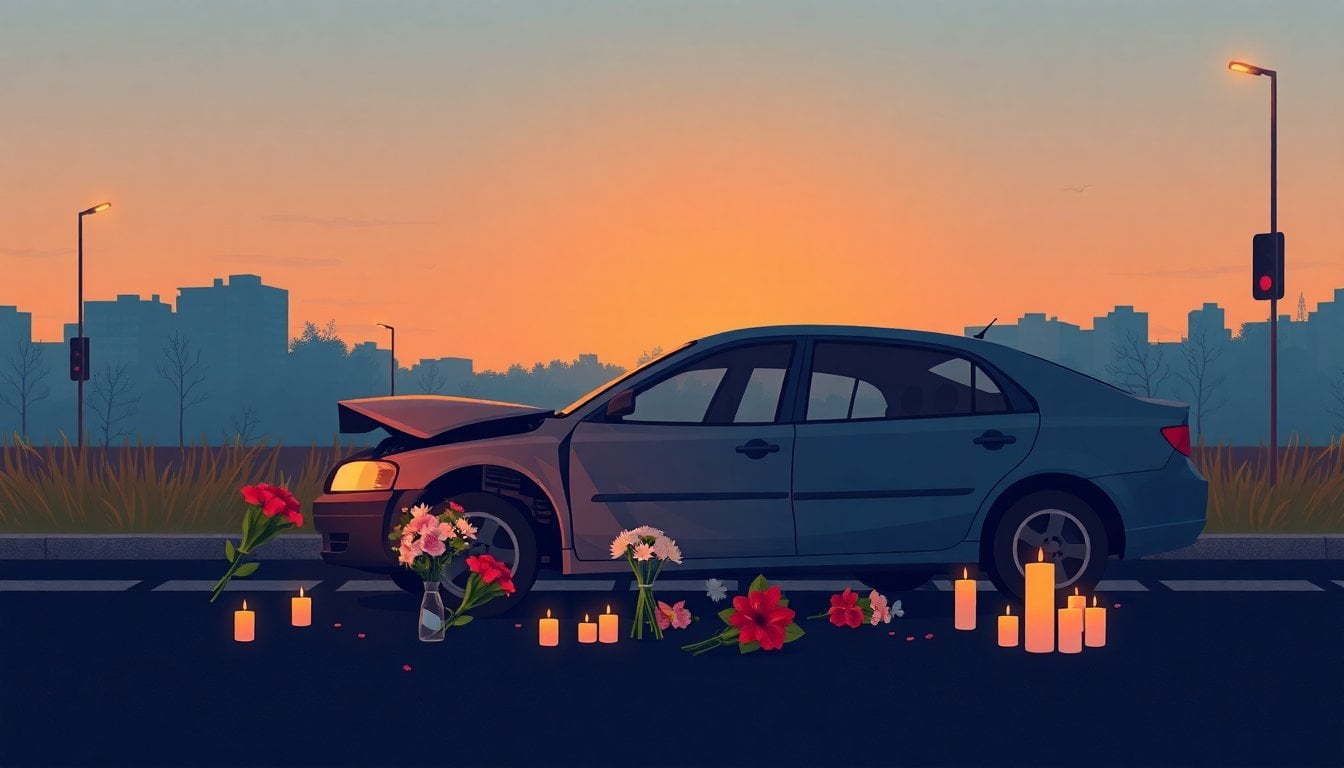 damaged car on a roadside at dusk with flowers and candles placed nearby, somber memorial scene, no people visible
